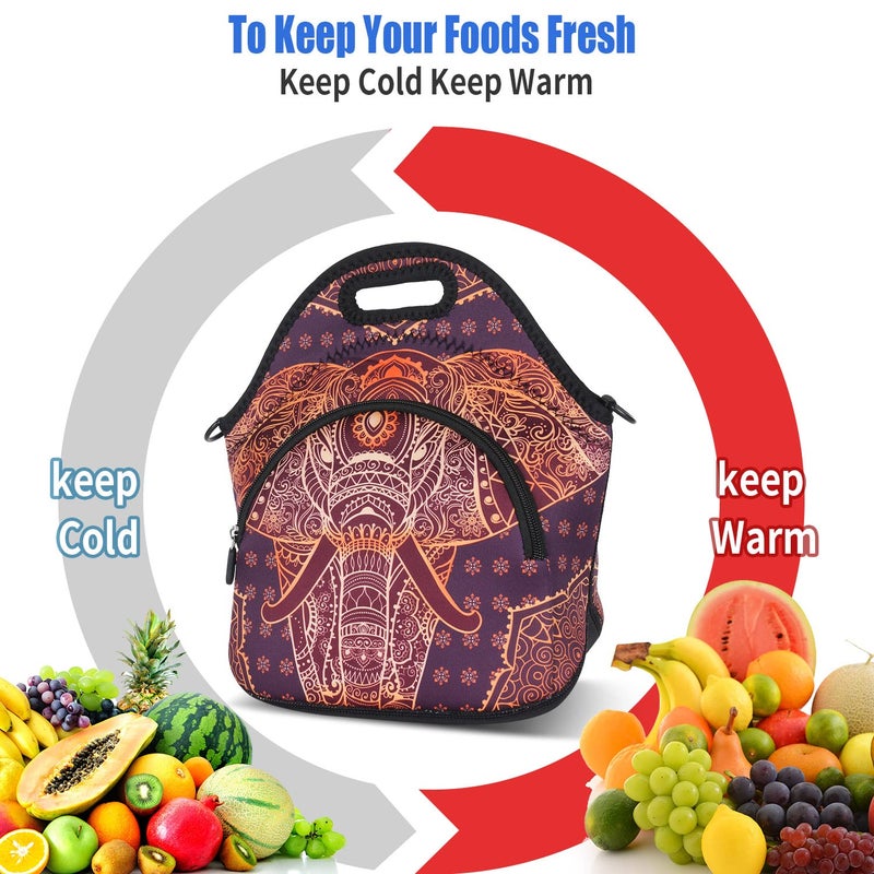 Violet Mist Neoprene Thermal Insulated Lunch Bag Cute Animal Lunch Bag Tote with Extra Pocket Detachable Adjustable Shoulder Lunchbox Food Handbags Picnic Work Gifts for Women men, Retro Elephant 2 - Image 5